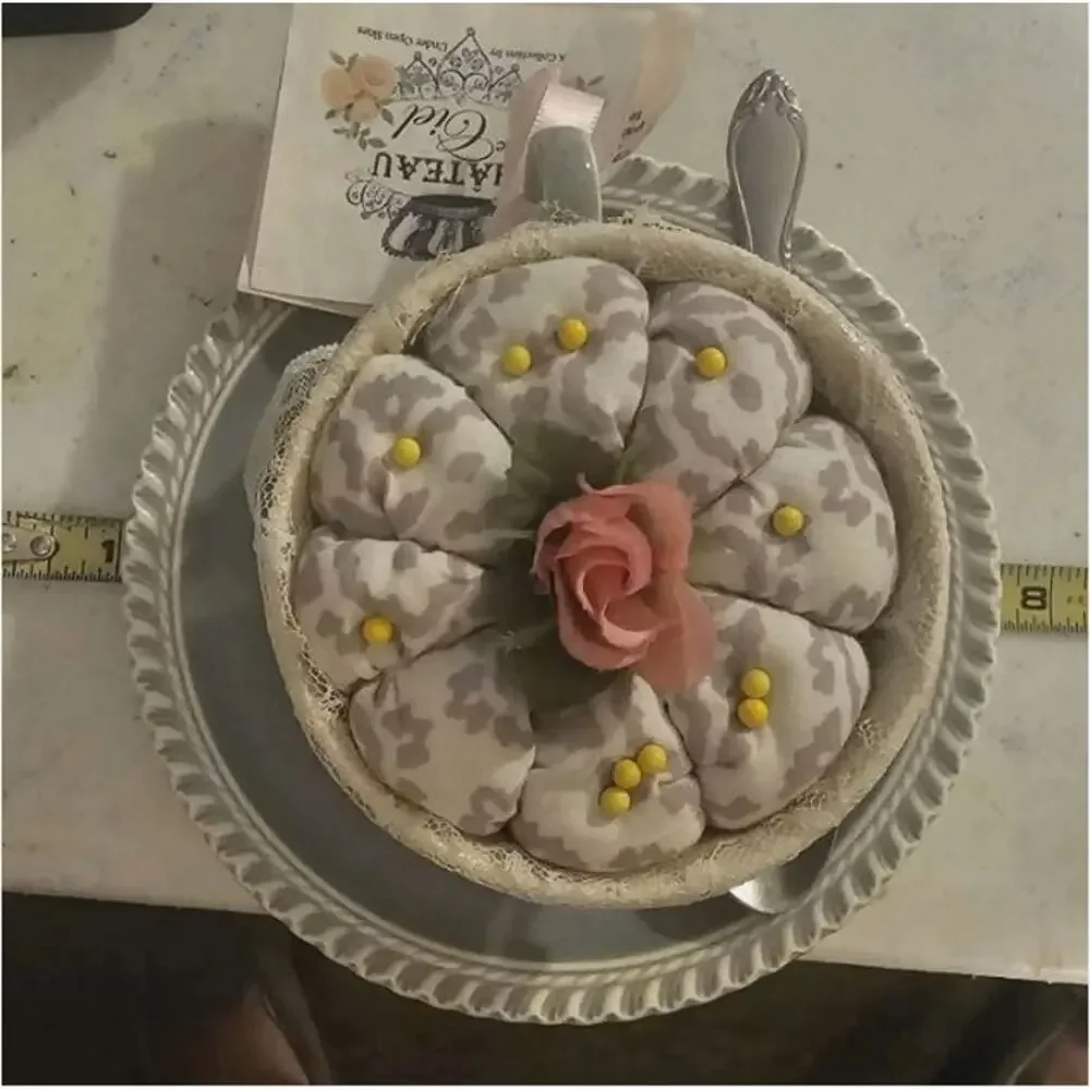 Pin Cushion Tea Cup Saucer Harkerware USA Spoon Rose Handmade Moroccan Pattern